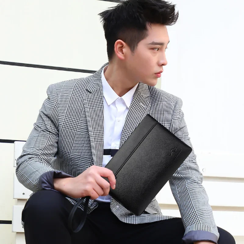 صورة حقيبة يد رجالية للأعمال ذات سعة كبيرة ومشبك جلدي ناعم الوجه كلاسيكي كاجوال أنيق حقيبة محمولة بسحاب حقيبة محفظة
