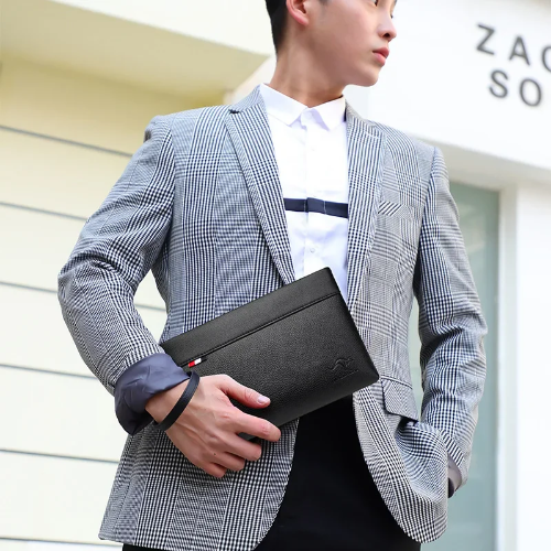 صورة حقيبة يد رجالية للأعمال ذات سعة كبيرة ومشبك جلدي ناعم الوجه كلاسيكي كاجوال أنيق حقيبة محمولة بسحاب حقيبة محفظة